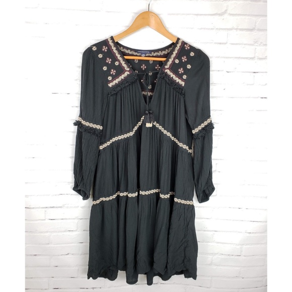 American Eagle Outfitters Dresses & Skirts - AEO Embroidered Bohemian Black Peasant Dress